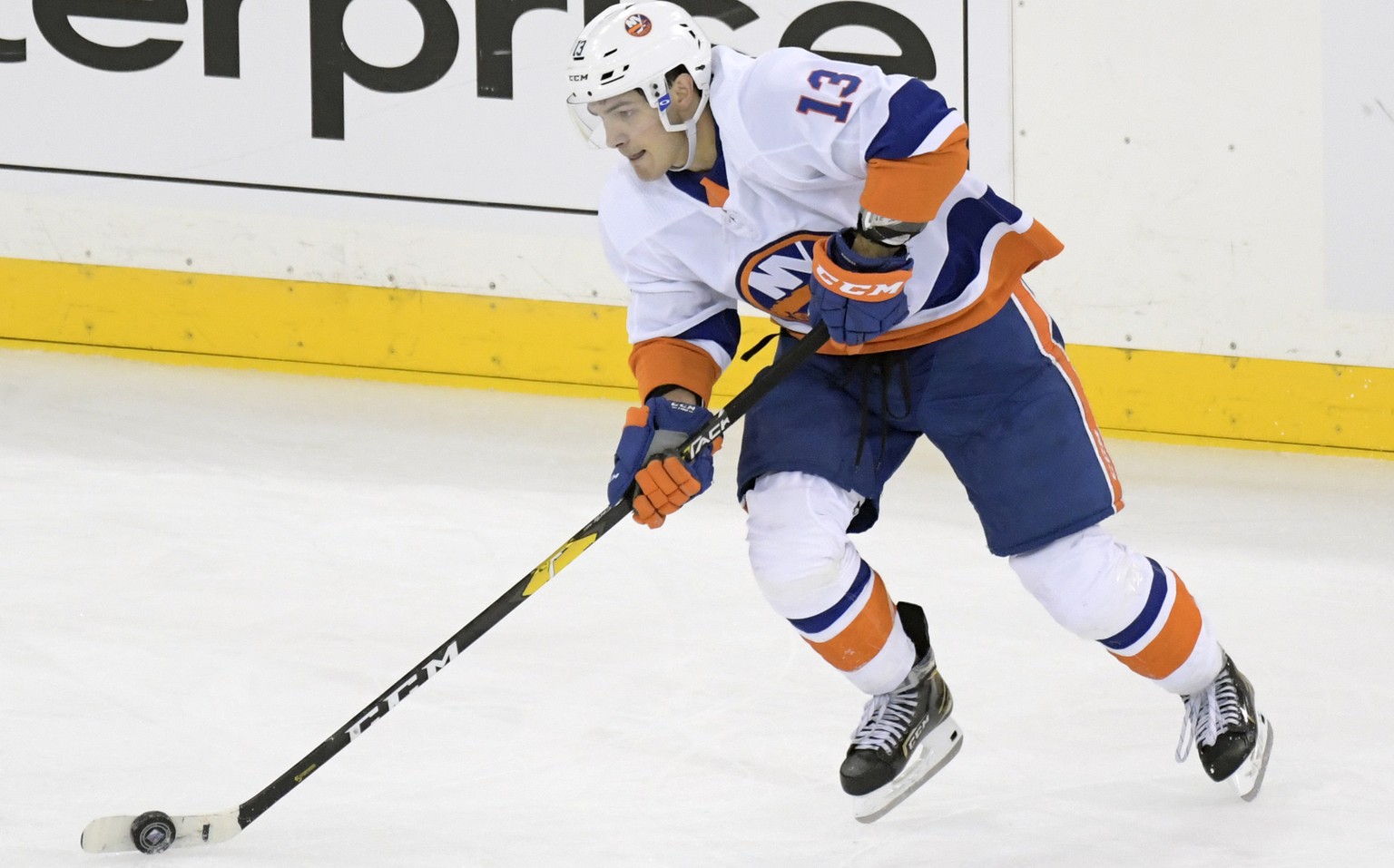 New York Islanders center Mathew Barzal skates with the puck during the third period of the team&#039;s NHL preseason hockey game against the New York Rangers on Tuesday, Sept. 24, 2019, at Madison Sq ...