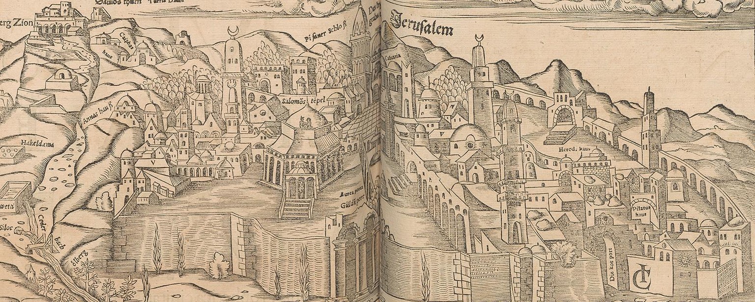 Jerusalem im 16. Jahrhundert, Sebastian Münster: Cosmographiae universalis Lib. VI., 1552.
http://ad.e-pics.ethz.ch/ShowRecord.jsp?catalogName=ETHBIB.AD-v1.0&amp;recordID=7229&amp;pn=ad