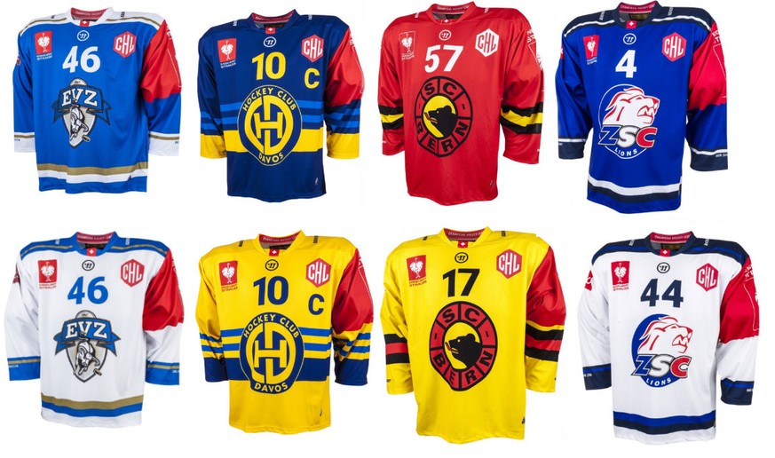 In diesen Trikots spielen die vier Schweizer Teams dieses Jahr in der Champions Hockey League.