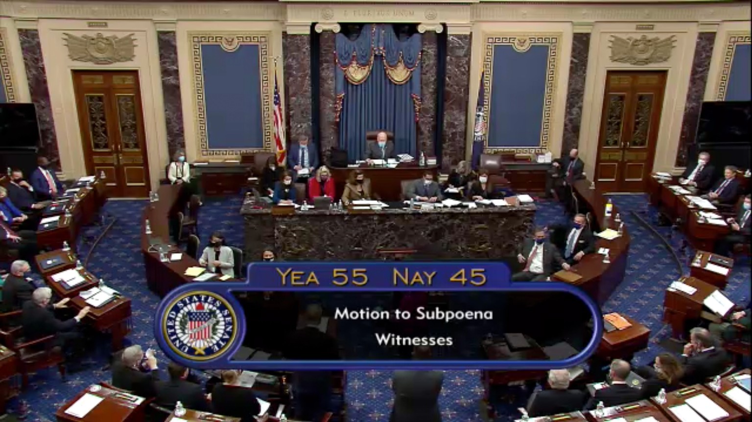 epa09009813 A screen grab from a live broadcast by the Senate TV showing the tally of votes on the Motion to Subpoena Witnesses during the second impeachment trial of former US president Trump at the  ...