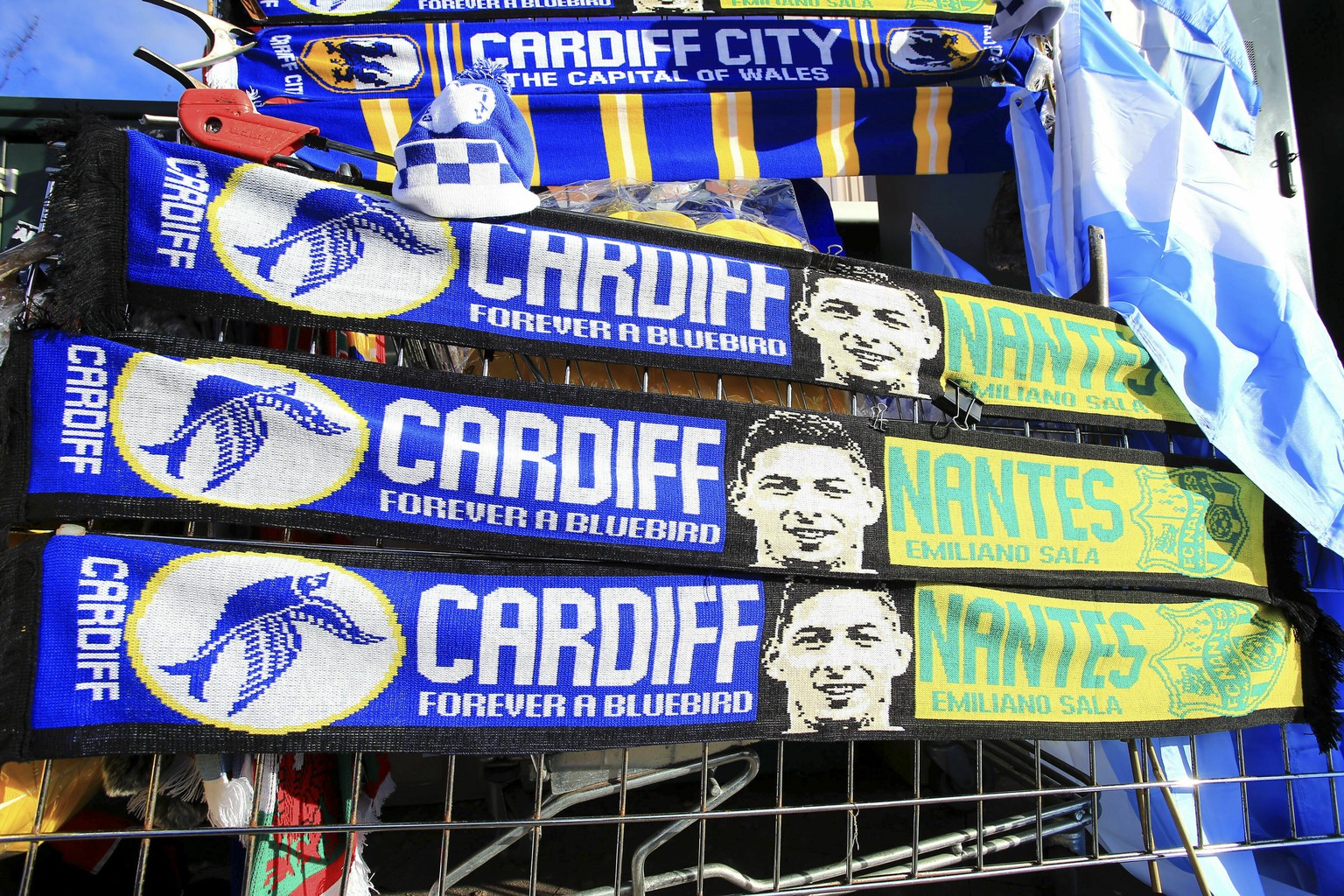 A view of scarves placed outside Cardiff City Stadium in tribute to Emiliano Sala, ahead of the English Premier League soccer match between Cardiff and Bournemouth at the Cardiff City Stadium, in Card ...