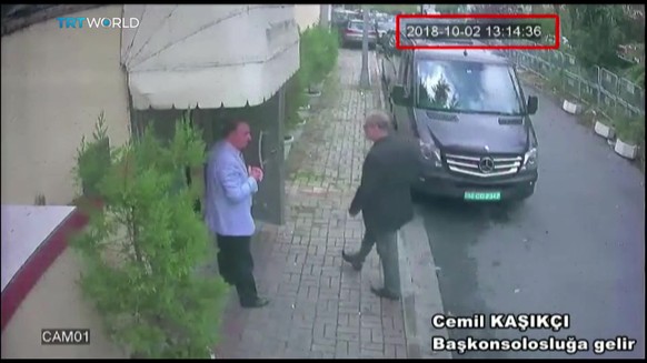 epa09038881 (FILE) - A frame grab from a police CCTV video made available through Turkish Newspaper Sabah allegedly shows Saudi journalist Jamal Khashoggi (R) entering the Saudi consulate in Istanbul, ...