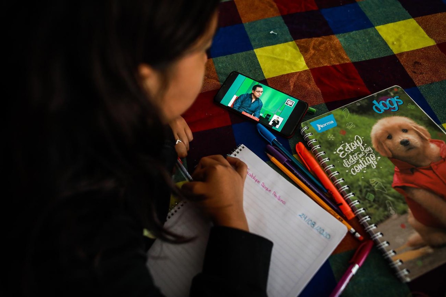 epa08623260 Zury takes her first virtual class in Acapulco, Mexico, 24 August 2020. More than 30 million Mexican students began the school year from home on 24 August due to the COVID-19 pandemic. EPA ...