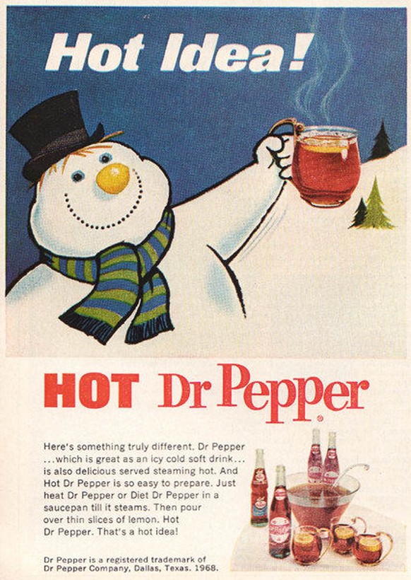 dr. pepper heiss getränk süss cola soda trinken USA retro vintage history http://vintage-ads.livejournal.com/4976898.html
