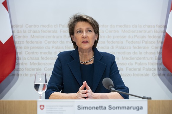 Swiss Federal president Simonetta Sommaruga briefs the media about the latest measures to fight the Covid-19 Coronavirus pandemic, in Bern, Switzerland, Monday, March 16, 2020.(KEYSTONE/Anthony Anex). ...