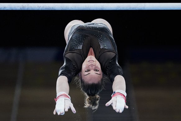 Giulia Steingruber, of Switzerland, competes in uneven bars during the women&#039;s artistic gymnastic qualifications at the 2020 Summer Olympics, Sunday, July 25, 2021, in Tokyo, Japan. (AP Photo/Ash ...
