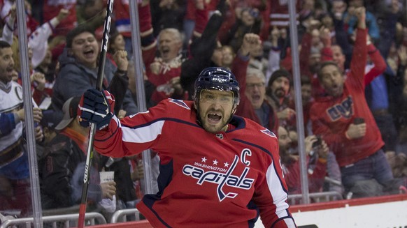 Washington Capitals left wing Alex Ovechkin celebrates his goal in the first period of an NHL hockey game against the San Jose Sharks, Tuesday, Jan. 22, 2019, in Washington. (AP Photo/Alex Brandon)