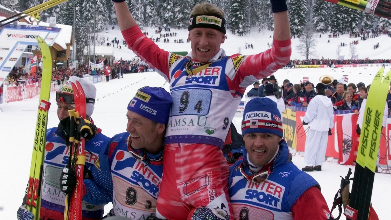 From left, of Austria celebrate after winning the men&#039;s 4x10-kilometres cross country relay at the Nordic Ski World Championship in Ramsau, Austria, Friday February 26, 1999. (AP Photo/Frank Augs ...