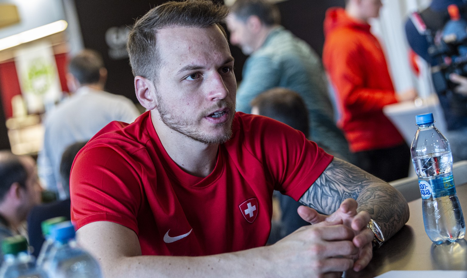 Switzerland`s Sven Andrighetto speaks with the Journalist during the Media Day from Team Switzerland, at the IIHF 2019 World Ice Hockey Championships, at the Ondrej Nepela Arena in Bratislava, Slovaki ...