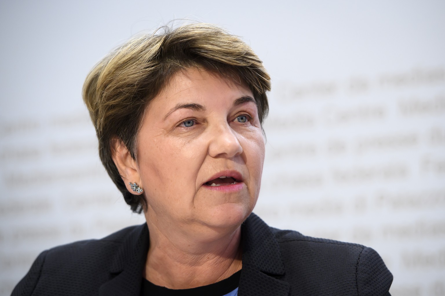 Swiss Federal councillor Viola Amherd briefs the media about the latest measures to fight the Covid-19 Coronavirus pandemic, in Bern, Switzerland, Monday, March 16, 2020.(KEYSTONE/Anthony Anex)