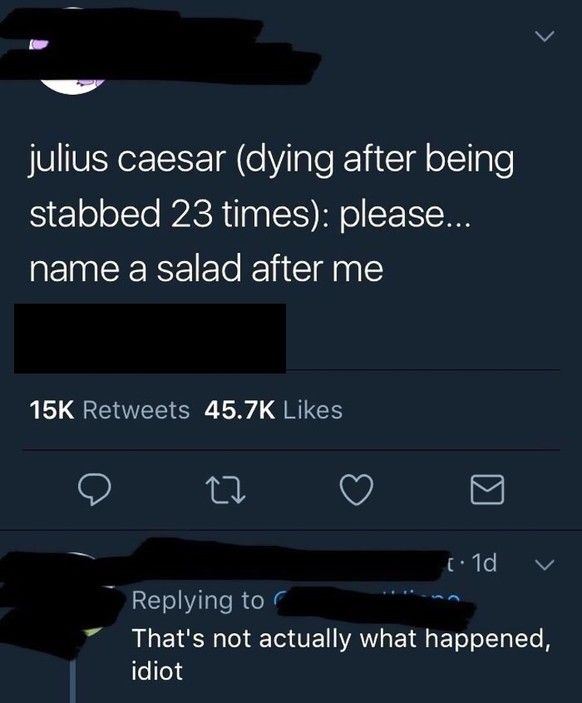 «Julius Caeser (nach 23 Stichen im Sterben liegend): Bitte ... benennt einen Salat nach mir.» – Die Aufklärung eines besorgten Users: «So ist das gar nicht passiert, Idiot»&nbsp; – ...&nbsp;🤦‍♀️