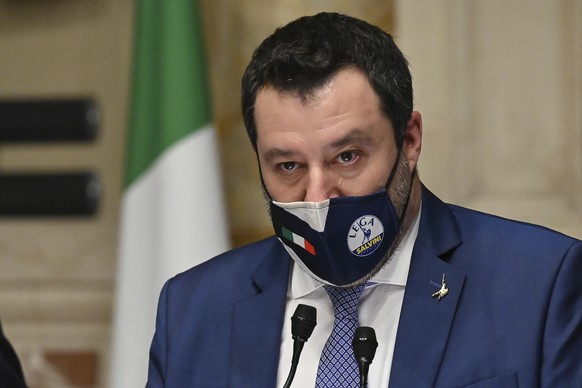 The League&#039;s Matteo Salvini addresses the media after meeting with former European Central Bank chief Mario Draghi, at the Chamber of Deputies, in Rome, Tuesday, Feb. 9, 2021. Draghi has secured  ...