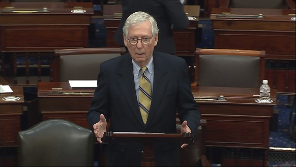 In this image from video, Senate Minority Leader Mitch McConnell of Ky., speaks after the Senate acquitted former President Donald Trump in his second impeachment trial in the Senate at the U.S. Capit ...