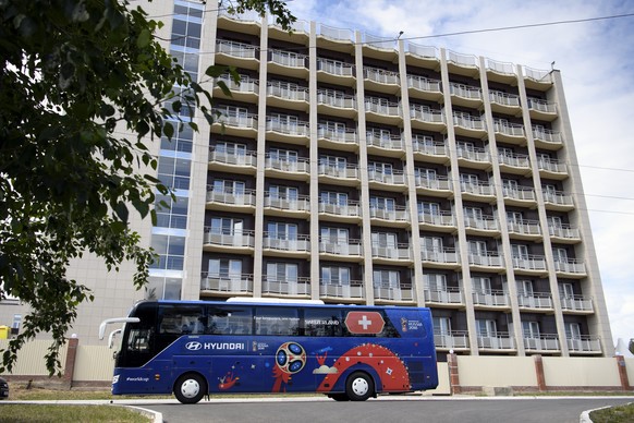 The Switzerland team bus drives in front of the Lada Resort Hotel, the Switzerland&#039;s national soccer team base camp, in Togliatti, Russia, Tuesday, June 12, 2018. The Swiss team arrived in Russia ...