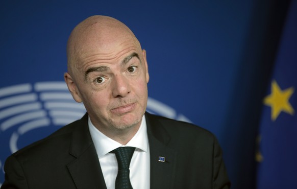 epa08062540 FIFA President Gianni Infantino holds a joint press conference with European Parliament President Sassoli at the European Parliament in Brussels, Belgium, 11 December 2019. Sassoli is expe ...