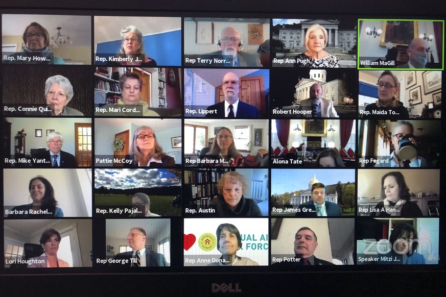 Members of the Vermont House of Representatives convene in a Zoom video conference for its first full parliamentary online session on Thursday, April 23, 2020, in Montpelier, Vt. The first order of bu ...