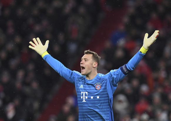 Bayern goalkeeper Manuel Neuer reacts during the Champions League round of 16 second leg soccer match between Bayern Munich and Liverpool at the Allianz Arena, in Munich, Germany, Wednesday, March 13, ...