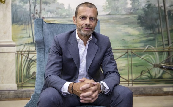 UEFA President Aleksander Ceferin poses for a picture during an interview with The Associated Press in Lisbon, Portugal, Sunday, Aug. 23, 2020. Ceferin stressed he would consult widely before pushing  ...
