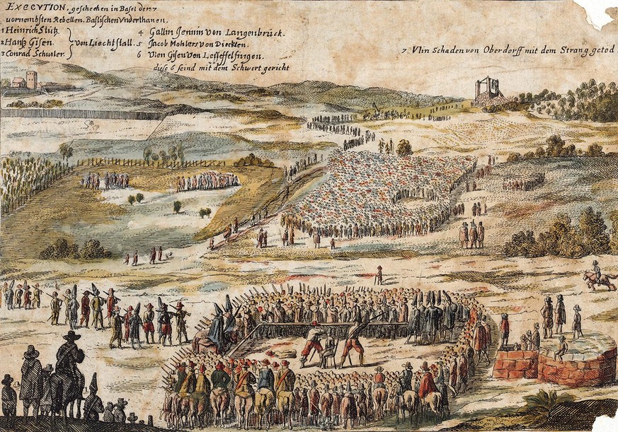 «EXECUTION. geschechen in Basel den 7 vornembsten Rebellen. Baslischen Unterthanen», kolorierte Radierung in den «Frankfurter Relationen», Ostern – Herbst 1653.