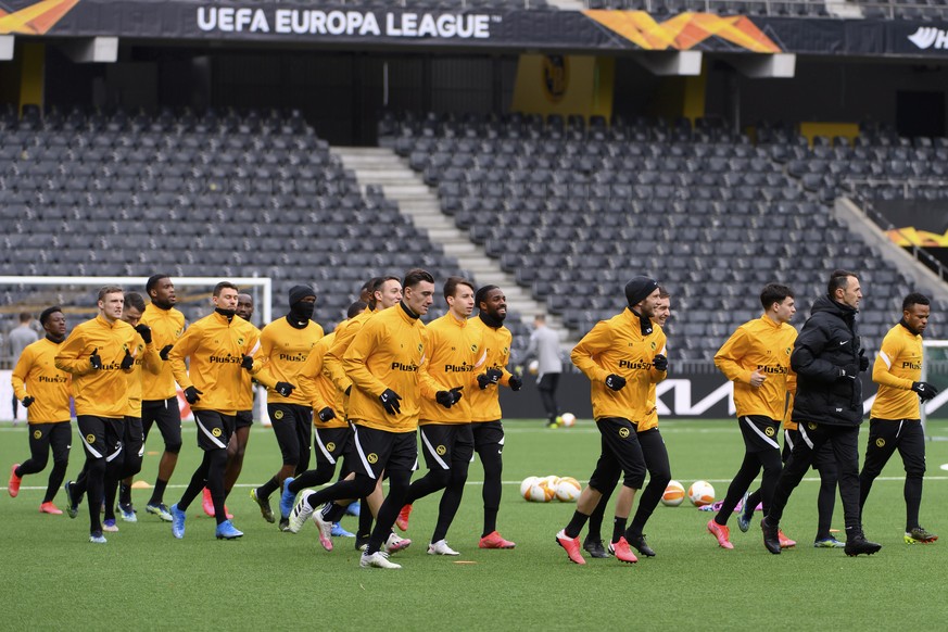 epa09079617 Young Boys&#039; players atttend a training session at the Wankdorf Stadion in Bern, Switzerland, 17 March 2021. BSC Young Boys will play Ajax Amsterdam on 18 March 2021 in a UEFA Europa L ...