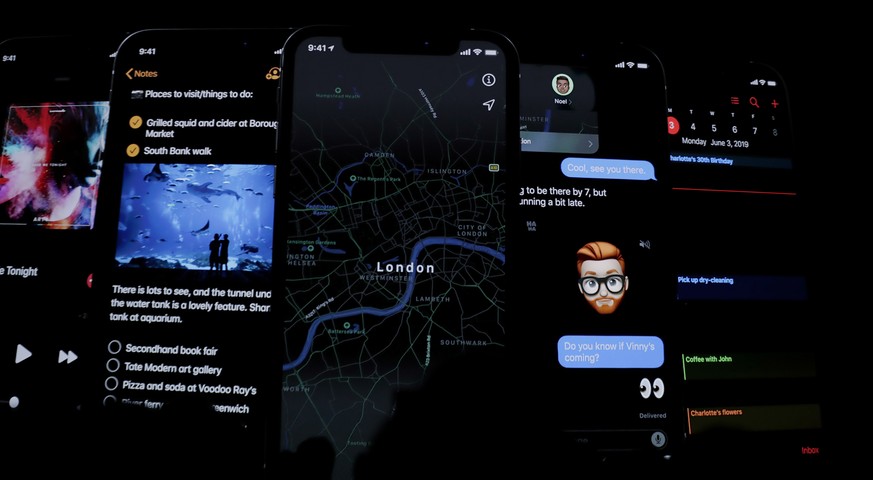 epa07623107 Apple iOS 13 on screen during the keynote address at the Apple World Wide Developers Conference at the McEnery Convention Center in San Jose, California, USA, 03 June 2019. EPA/MONICA DAVE ...