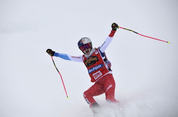Fanny Smith of Switzerland celebrates winning the women&#039;s sprint final in Ski Cross at the FIS Freestyle Ski World Cup event in Idre, Sweden, Wednesday, Jan. 20, 2021. (Pontus Lundahl/TT News Age ...