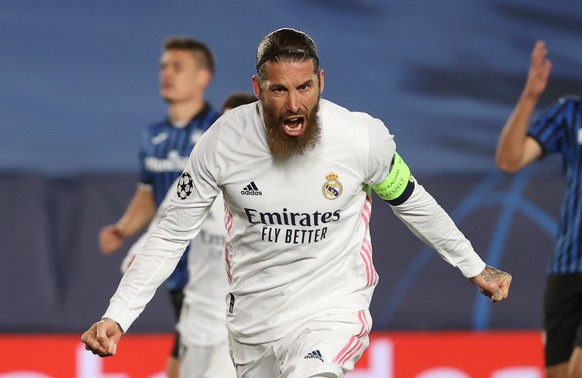 epa09132257 (FILE) - A file picture shows Real Madrid&#039;s defender Sergio Ramos celebrating after scoring a goal in the UEFA Champions League match between Real Madrid and Atalanta BC at Alfredo Di ...
