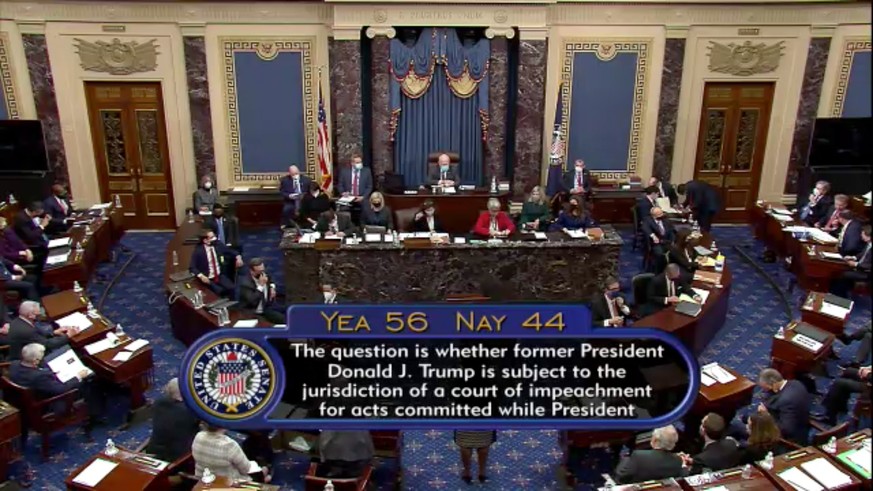 epa08999760 A screen grab from a live broadcast by the Senate TV showing the Senate votes of &#039;Yae 56 Nay 44&#039; deciding if former US President Trump is subject to a court of impeachment follow ...