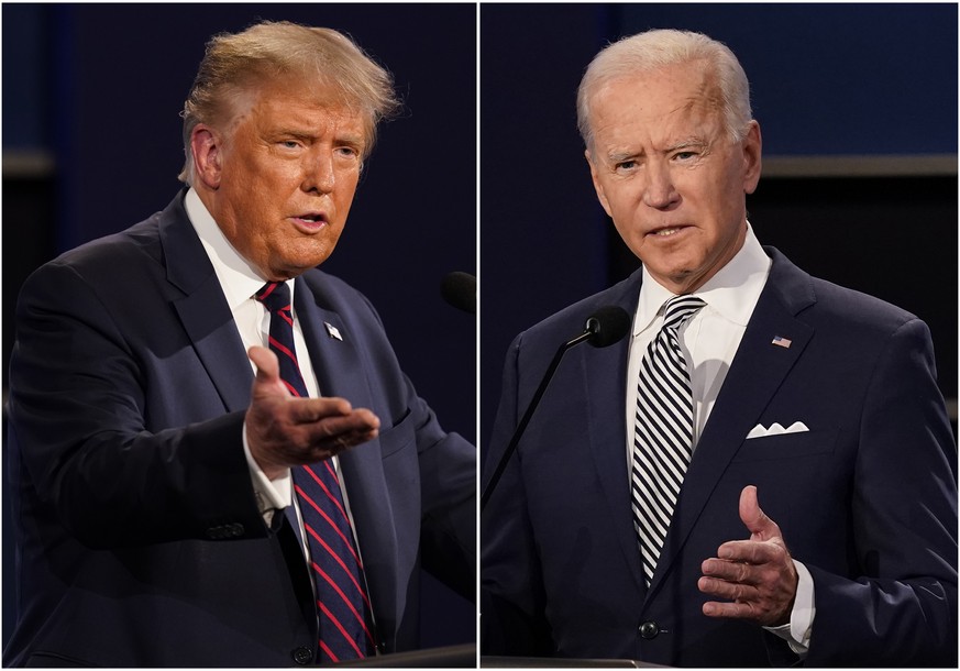 FILE - This combination of Sept. 29, 2020, file photos shows President Donald Trump, left, and former Vice President Joe Biden during the first presidential debate at Case Western University and Cleve ...
