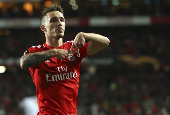Benfica&#039;s Alex Grimaldo celebrates after scoring his side&#039;s third goal during the Europa League round of 16, second leg, soccer match between Benfica and Dinamo Zagreb at the Luz stadium in  ...