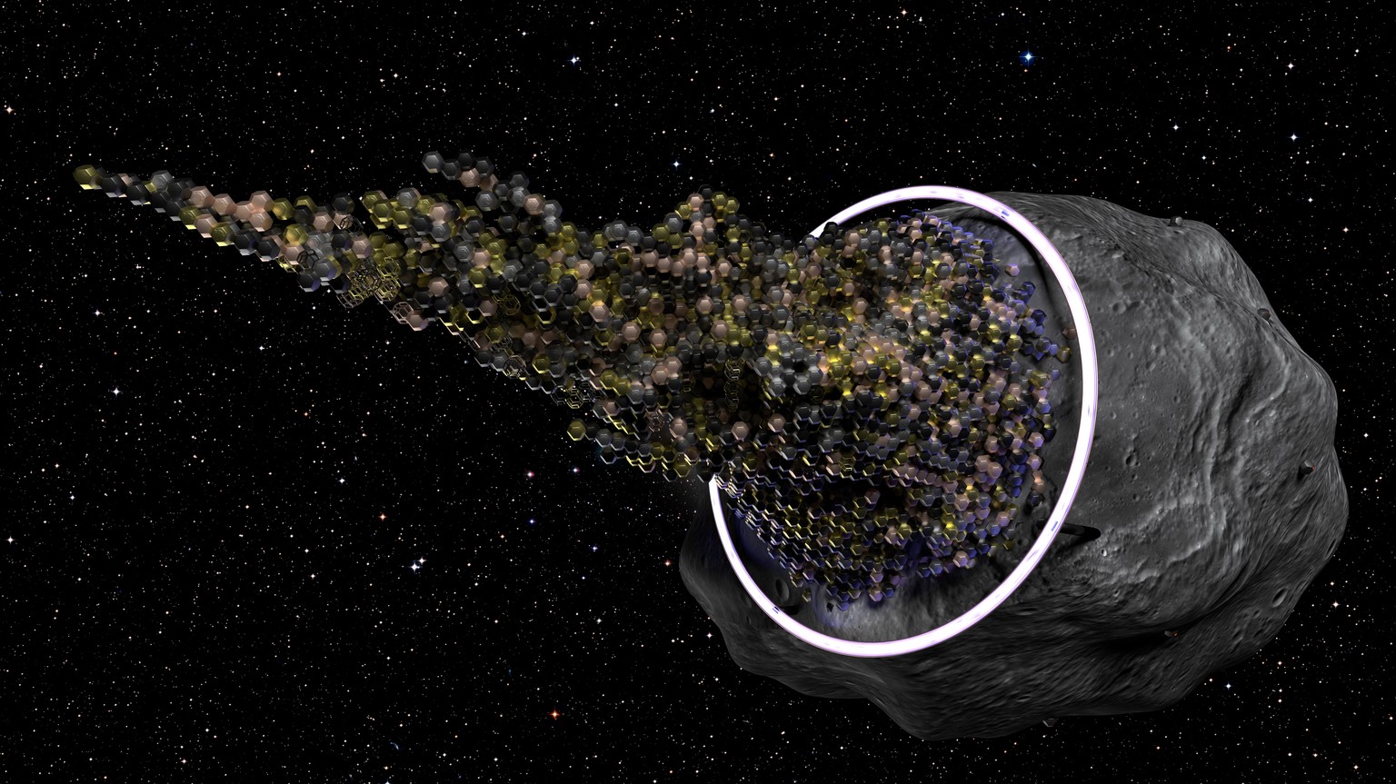 3D-Modell eines interstellaren Raumschiffs, das einen Asteroiden als Ressource nutzt.