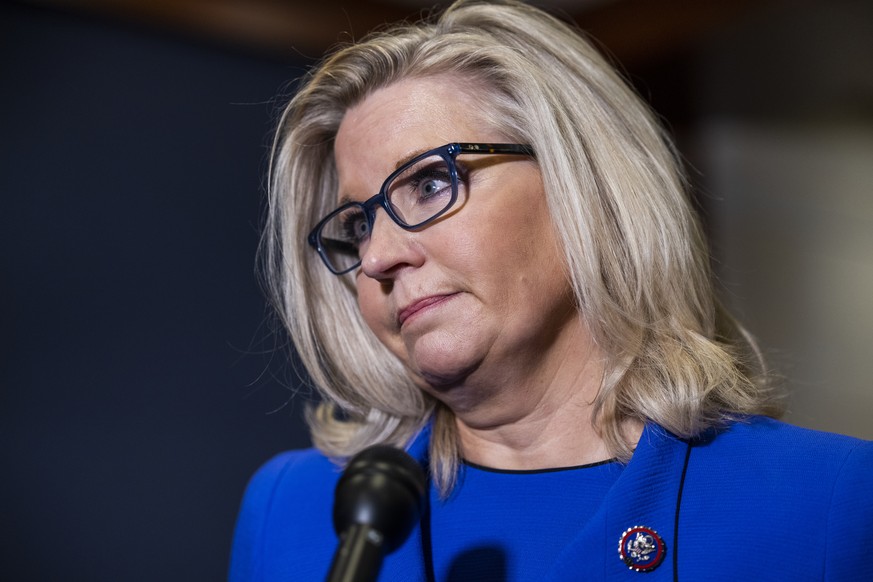 epa09193891 Republican Representative from Wyoming Liz Cheney speaks after being voted out of her House GOP Conference Chair position in the US Capitol in Washington, DC, USA, 12 May 2021. Republican  ...
