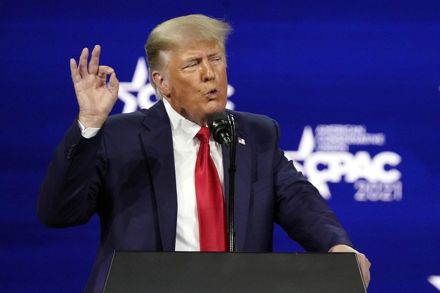 In this Feb. 28, 2021, photo, former President Donald Trump speaks at the Conservative Political Action Conference (CPAC) in Orlando, Fla. Trump called on his supporters to send their contributions di ...