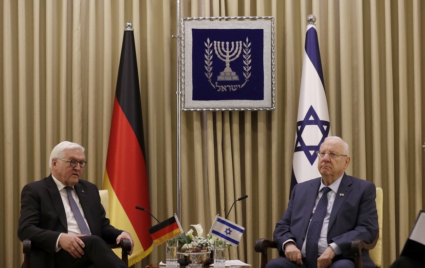 Israeli President Reuven Rivlin, right, meets with Germany&#039;s President Frank Walter Steinmeier at Rivlin&#039;s residence in Jerusalem, Israel, Wednesday, Jan. 22, 2020, ahead of the Fifth World  ...