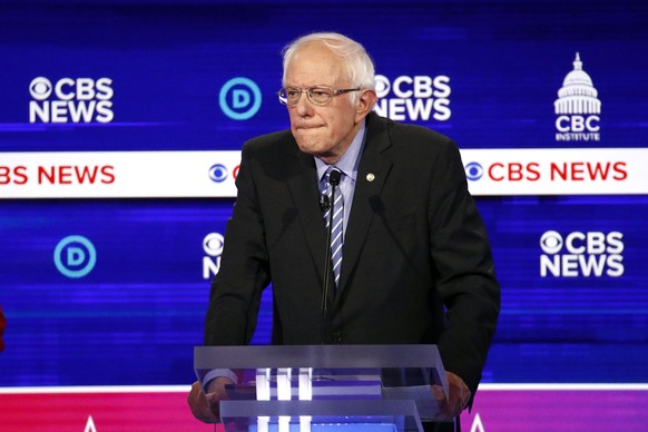 Democratic presidential candidate Sen. Bernie Sanders, I-Vt., listens during a Democratic presidential primary debate at the Gaillard Center, Tuesday, Feb. 25, 2020, in Charleston, S.C., co-hosted by  ...