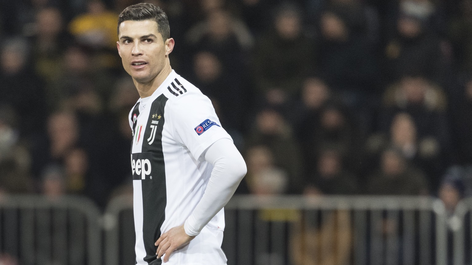 Cristiano Ronaldo reacts during the UEFA Champions League group stage group H matchday 6 soccer match between Switzerland&#039;s BSC Young Boys Bern and Italy&#039;s Juventus Football Club Turin, at t ...