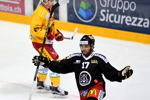 Lugano’s Luca Fazzini celebrates the 1:0, during the preliminary round game of the National League A (NLA) Swiss Championship 2016/17 between HC Lugano and SCL Tigers, at the ice stadium Resega in Lug ...