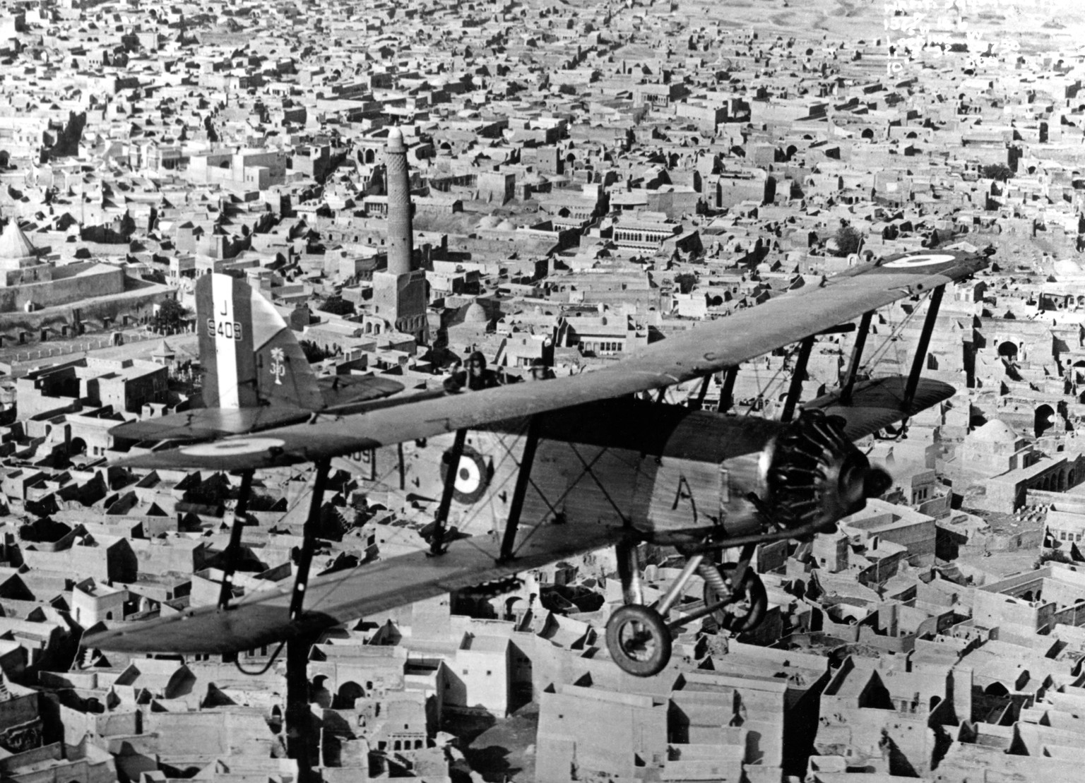 FILE - In this photo issued Sunday April 1, 2018, by Britain&#039;s Ministry of Defence photo dated March 11, 1932 of an RAF Westland Wapiti IIa of 30 Squadron in flight over the city of Mosul in Iraq ...