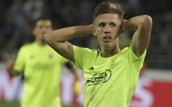 Dinamo Zagreb&#039;s Dani Olmo gestures during the Europa League group D soccer match between Anderlecht and Dinamo Zagreb at the Constant Vanden Stock stadium in Brussels, Thursday, Oct. 4, 2018. (AP ...