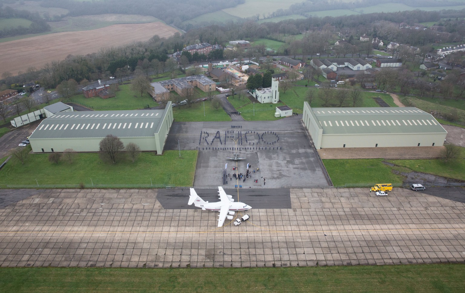 epa06667084 A handout photo made available by the British Ministry of Defence (MoD) showing RAF 100 on the tarmac at Biggin Hill airport in Kent, Southern England, 13 April 2018. Two Royal Air Force v ...