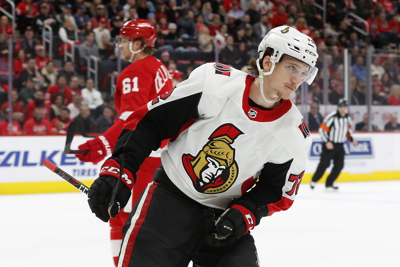 Ottawa Senators defenseman Thomas Chabot celebrates his goal against the Detroit Red Wings in the first period of an NHL hockey game Friday, Dec. 14, 2018, in Detroit. (AP Photo/Paul Sancya)