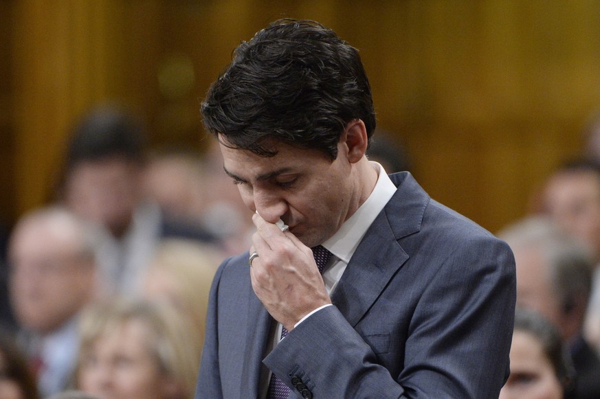 Prime Minister Justin Trudeau pauses while making a formal apology to individuals harmed by federal legislation, policies, and practices that led to the oppression of and discrimination against LGBTQ2 ...
