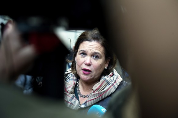 epa08209395 Sinn Fein president Mary Lou McDonald speaks with media in Moore Street in Dublin, Ireland, 10 February 2020. Sinn Fein will become the second biggest party in the Irish parliament after t ...