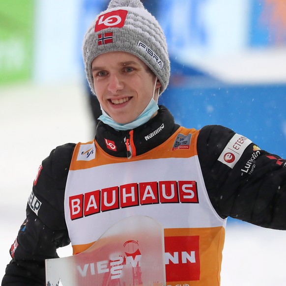 epa09048409 (FILE) - First placed Halvor Egner Granerud of Norway celebrates during the award ceremony at the FIS World Cup Ski Jumping in Klingenthal, Germany, 06 February 2021 (re-issued on 03 March ...