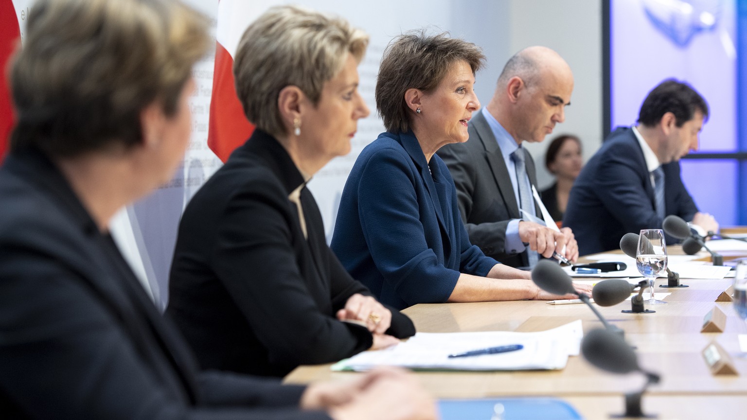 epa08298444 (L-R) Swiss Federal councillors Viola Amherd, Karin Keller-Sutter, Swiss Federal president Simonetta Sommaruga, Swiss Federal councillor Alain Berset and Vice chancellor and government spe ...