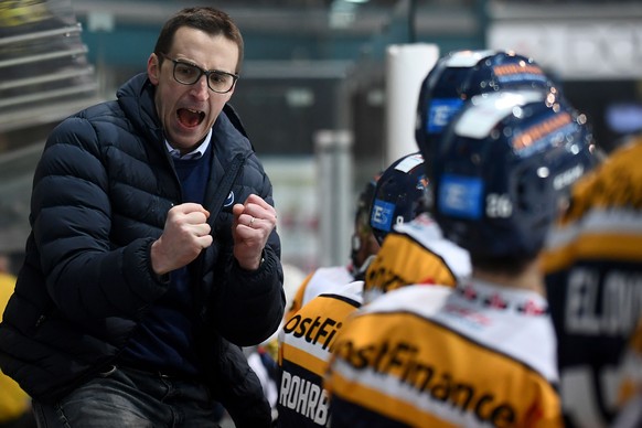 Ambri&#039;s Head Coach Luca Cereda, during the preliminary round game of National League Swiss Championship 2018/19 between HC Ambri Piotta and LCH Lausanne, at the Valascia Stadium in Ambri, Switzer ...