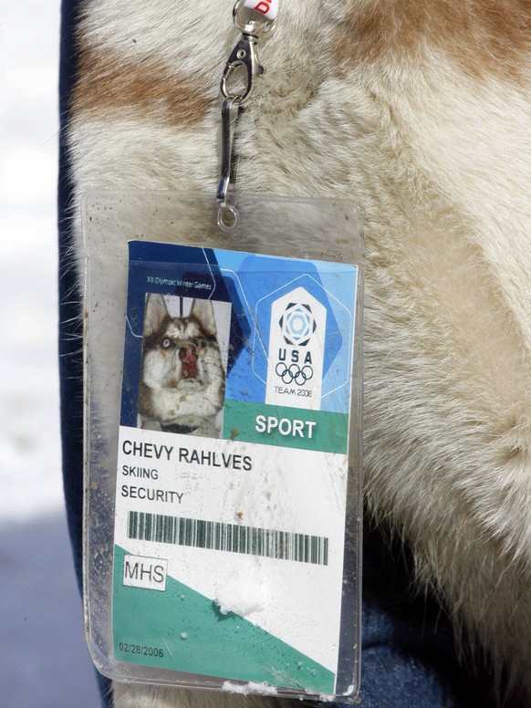 A close up of the accreditation of Chevy Rahlves, the dog of United States Alpine ski star Daron Rahlves, is seen in the main square in Sestriere, Italy Thursday Feb. 16, 2006. Chevy usually accompani ...
