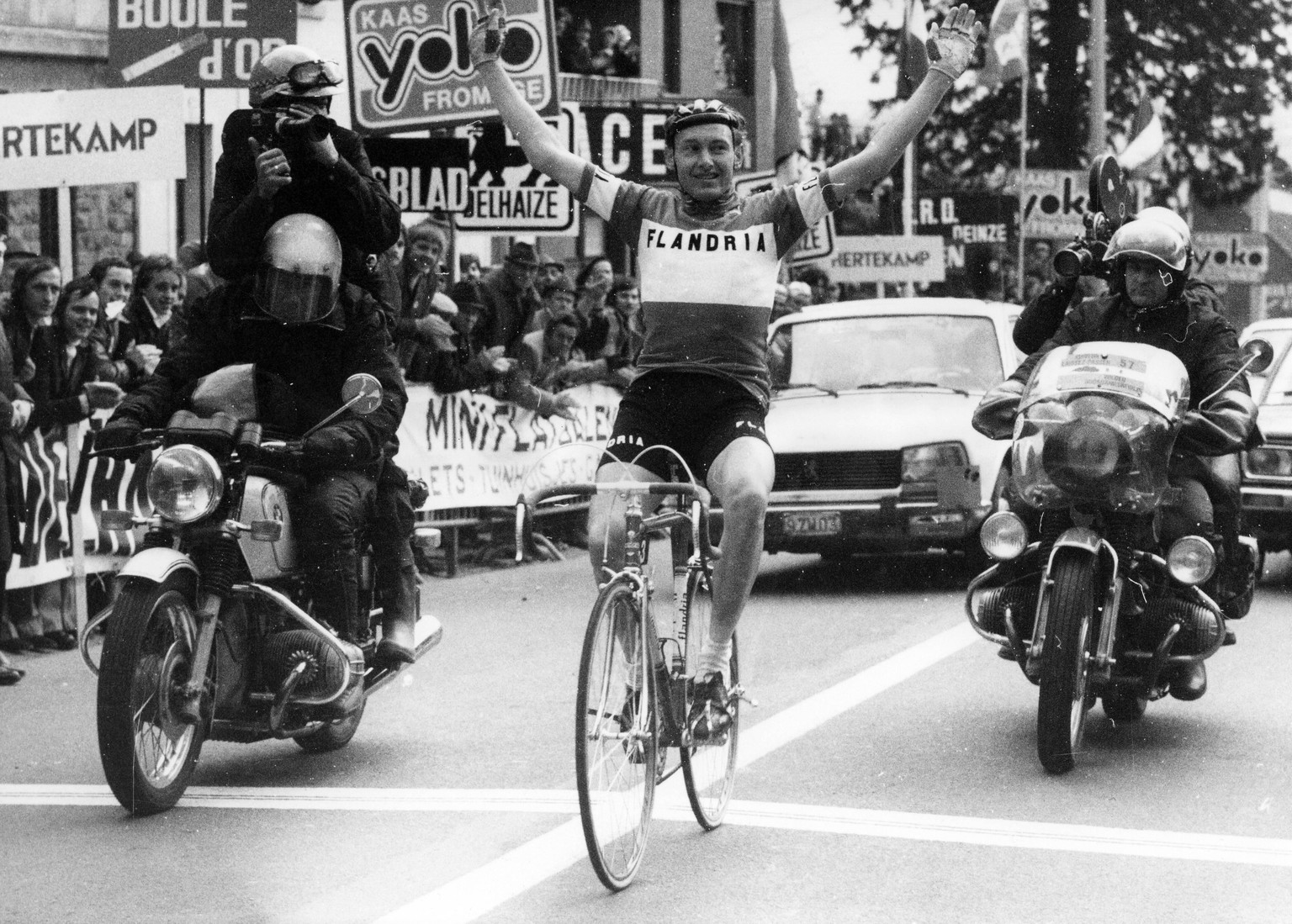 - LA CALAMINE, BELGIUM (FILE) : This file picture dated 30 March 1976 is about the Tour of Belgium, afive-day bicycle race held annually. On the picture : Michel Pollentier had won the staging point o ...