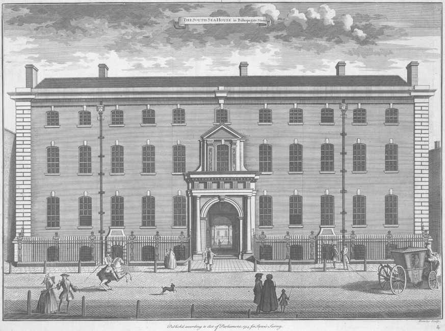 1754 engraving of Old South Sea House, the headquarters of the South Sea Company, which burned down in 1826,[1] on the corner of Bishopsgate Street and Threadneedle Street in the City of London
https: ...