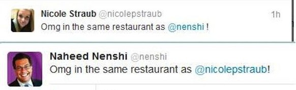Aus Freude, im gleichen Restaurant zu sein, setzt sie einen Tweet ab. Als er diesen sieht, tut er es ihr gleich. 😁